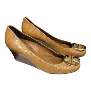 Tory Burch Brown Leather Wedges with Gold Logo Size 9